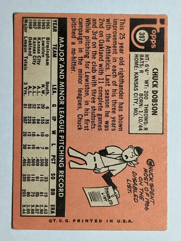 1969 Topps #397 Chuck Dobson (VG)