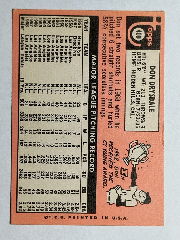 1969 Topps #400 Don Drysdale (VGEX)
