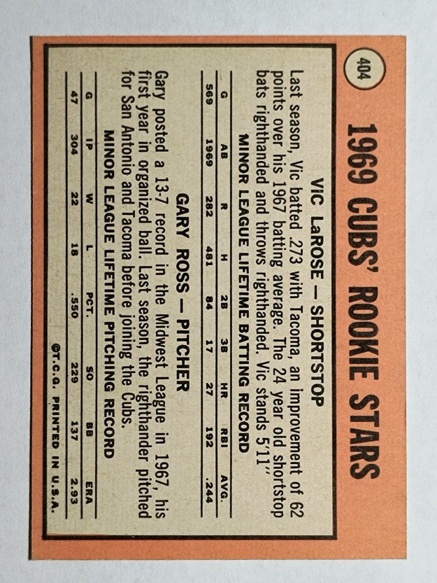 1969 Topps #404 Rookie Stars/Vic LaRose RC/Gary Ross RC (EXMT)