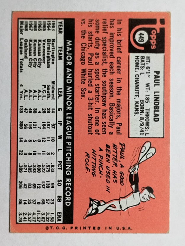1969 Topps #449 Paul Lindblad (VG)