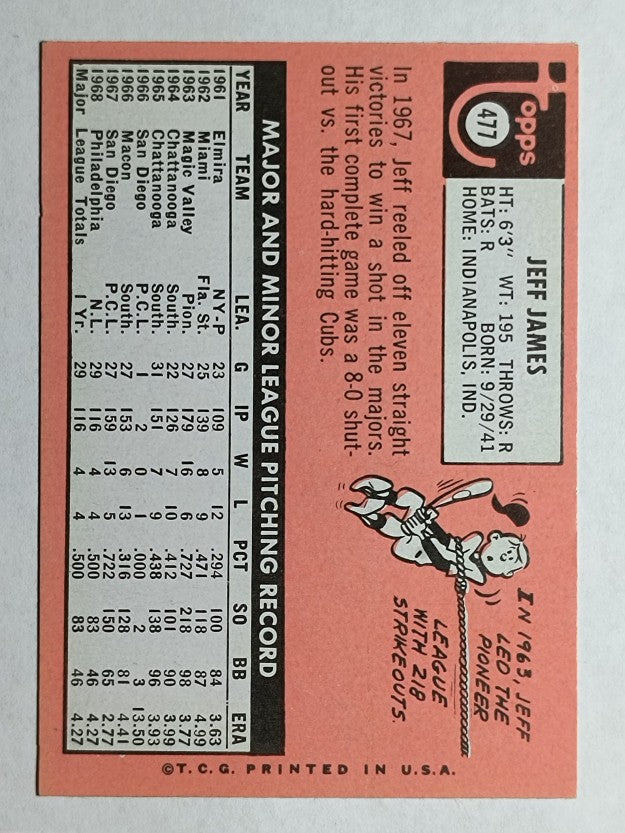 1969 Topps #477 Jeff James RC (EXMT)