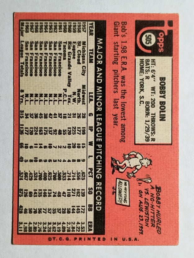 1969 Topps #505A Bobby Bolin/Bolin yellow (VGEX)