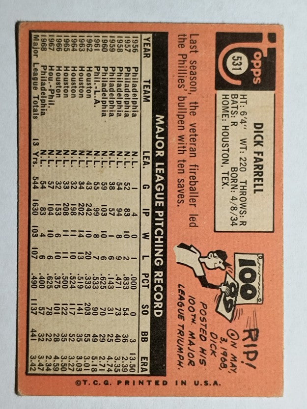 1969 Topps #531 Dick Farrell (VG)