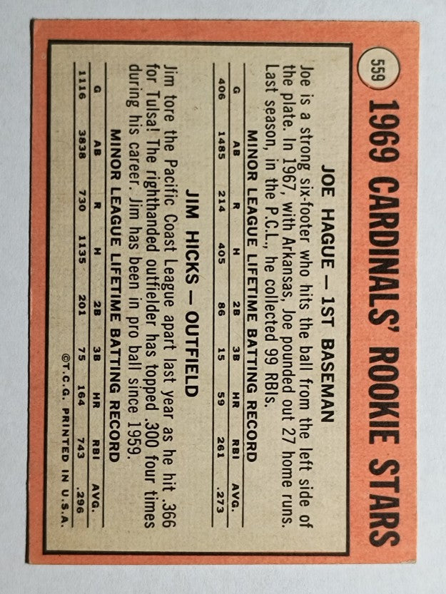 1969 Topps #559 Rookie Stars/Joe Hague RC/Jim Hicks (EXMT)