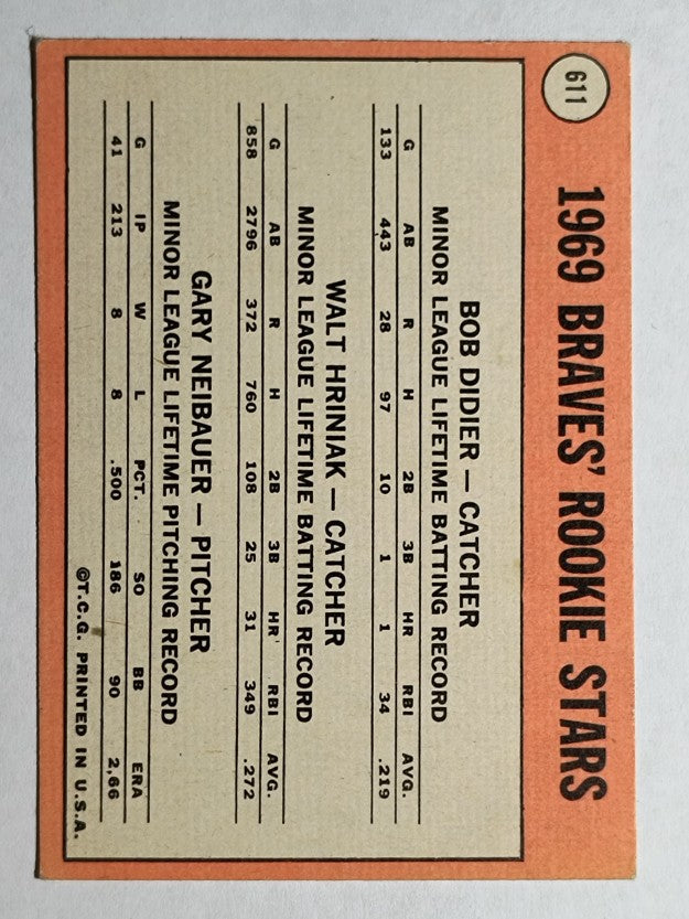1969 Topps #611 Rookie Stars/Bob Didier RC/Walt Hriniak RC/Gary Neibauer RC (EX)