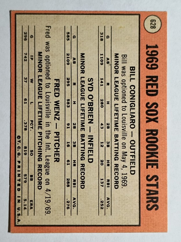 1969 Topps #628 Bill Conigliaro RC/Syd O'Brien RC/Fred Wenz RC (NMMT)