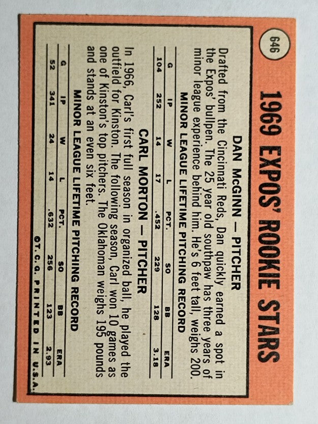 1969 Topps #646 Rookie Stars/Dan McGinn RC/Carl Morton RC (EXMT)