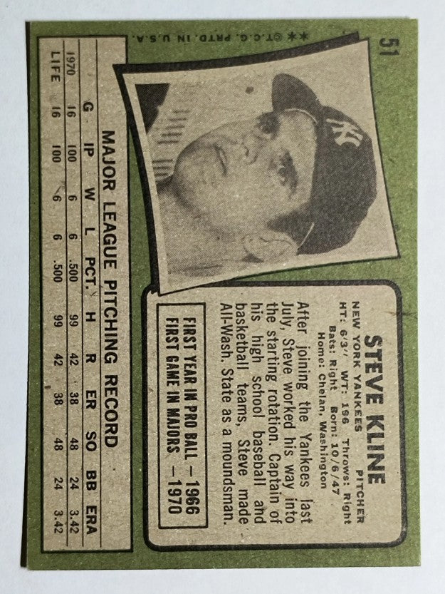 1971 Topps #51 Steve Kline RC (EXMT)