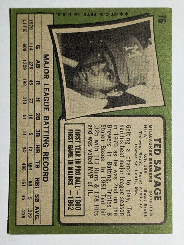 1971 Topps #76 Ted Savage (VGEX)