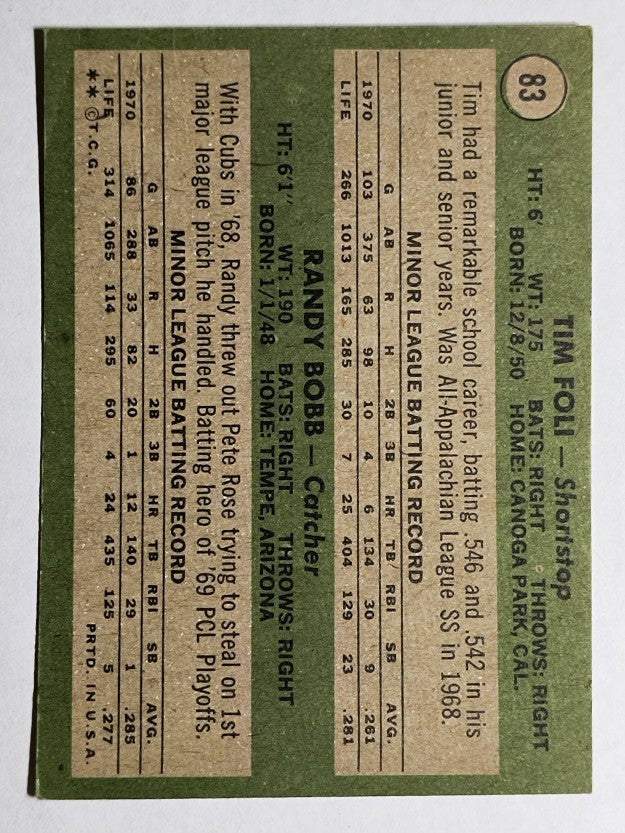 1971 Topps #83 Rookie Stars/Tim Foli RC/Randy Bobb (VG)