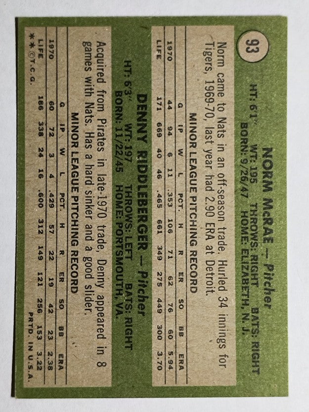 1971 Topps #93 Rookie Stars/Norm McRae/Denny Riddleberger (EX)