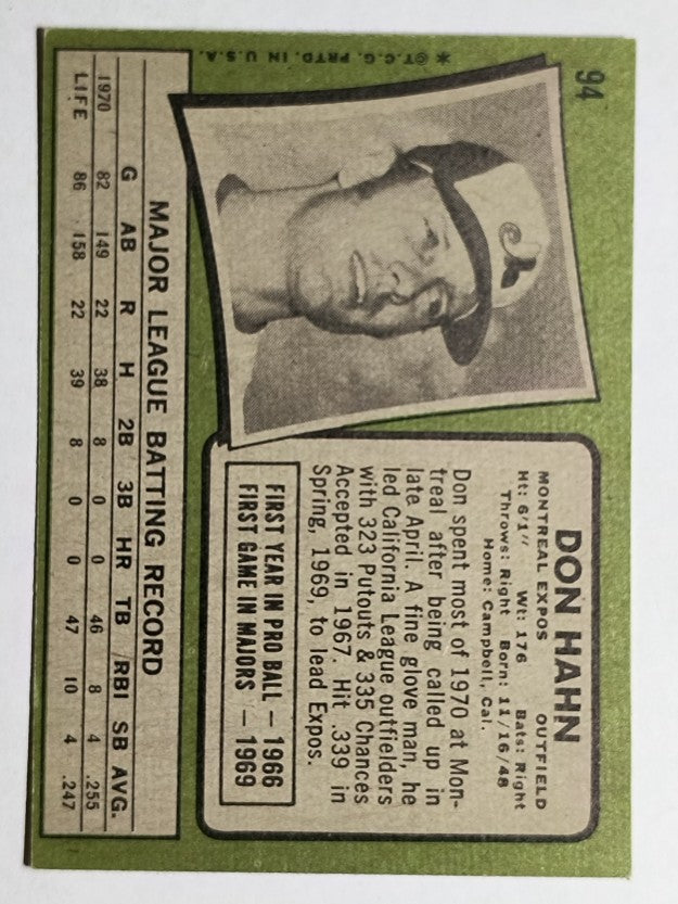1971 Topps #94 Don Hahn RC (EX)