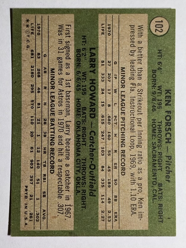1971 Topps #102 Rookie Stars/Ken Forsch RC/Larry Howard RC (EX)