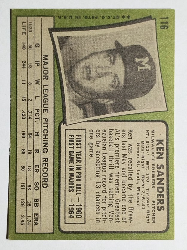 1971 Topps #116 Ken Sanders (VGEX)