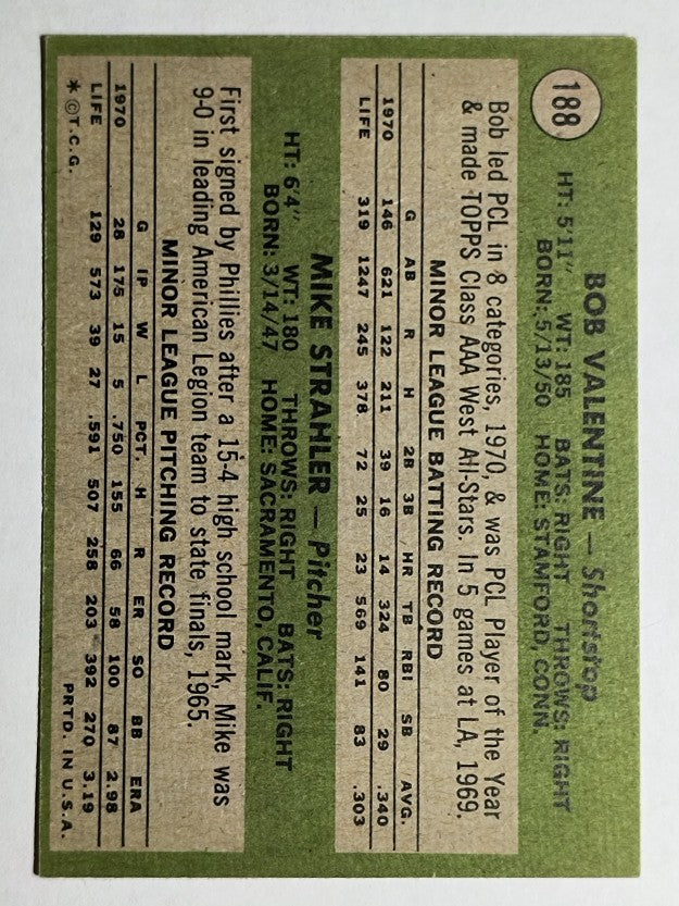 1971 Topps #188 Rookie Stars/Bob Valentine RC/Mike Strahler RC (EXMT)