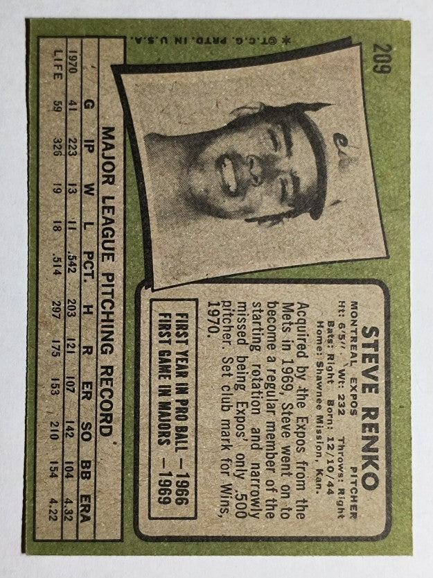 1971 Topps #209 Steve Renko (EX)