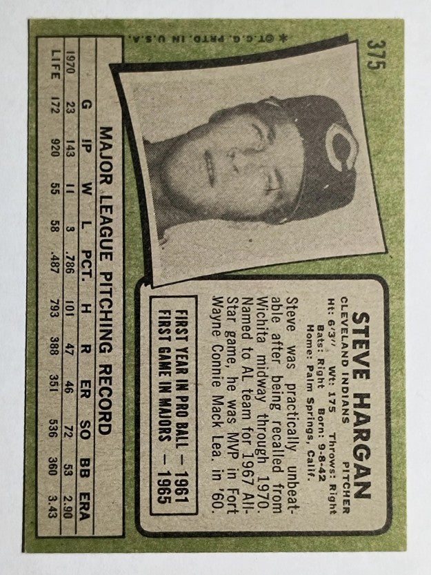 1971 Topps #375 Steve Hargan (EX)