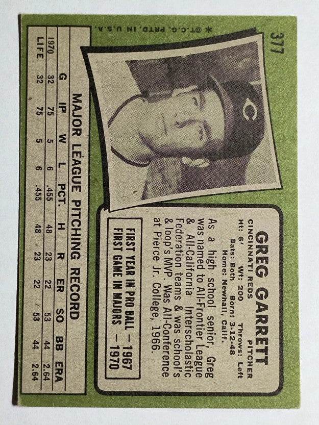 1971 Topps #377 Greg Garrett (VGEX)