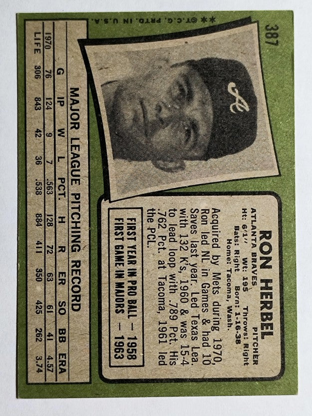 1971 Topps #387 Ron Herbel (EXMT)
