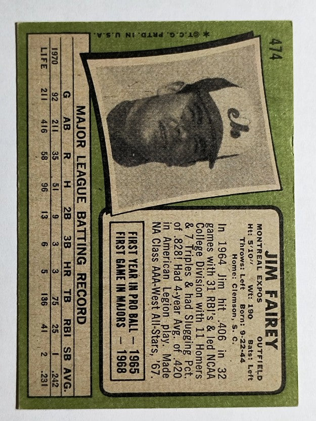 1971 Topps #474 Jim Fairey (EX)