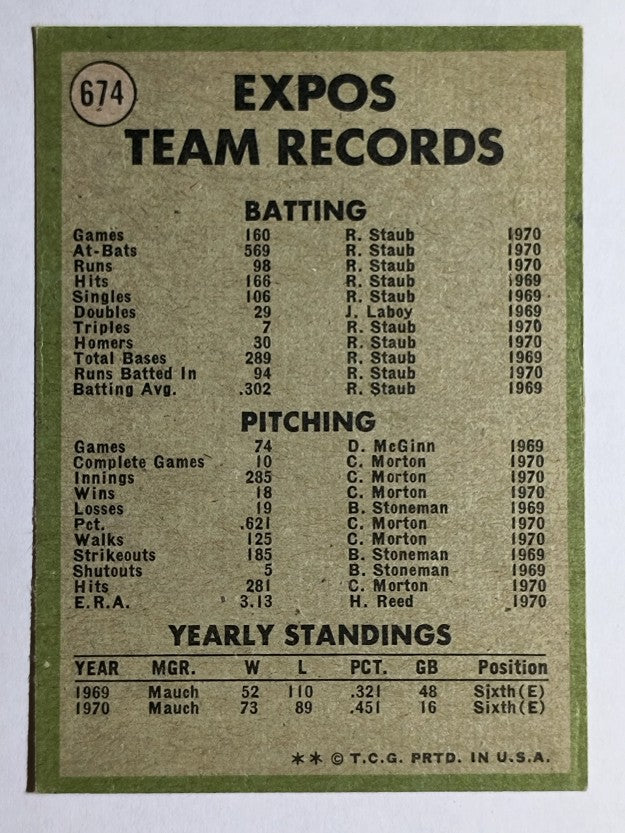 1971 Topps #674 Montreal Expos TC (EX)