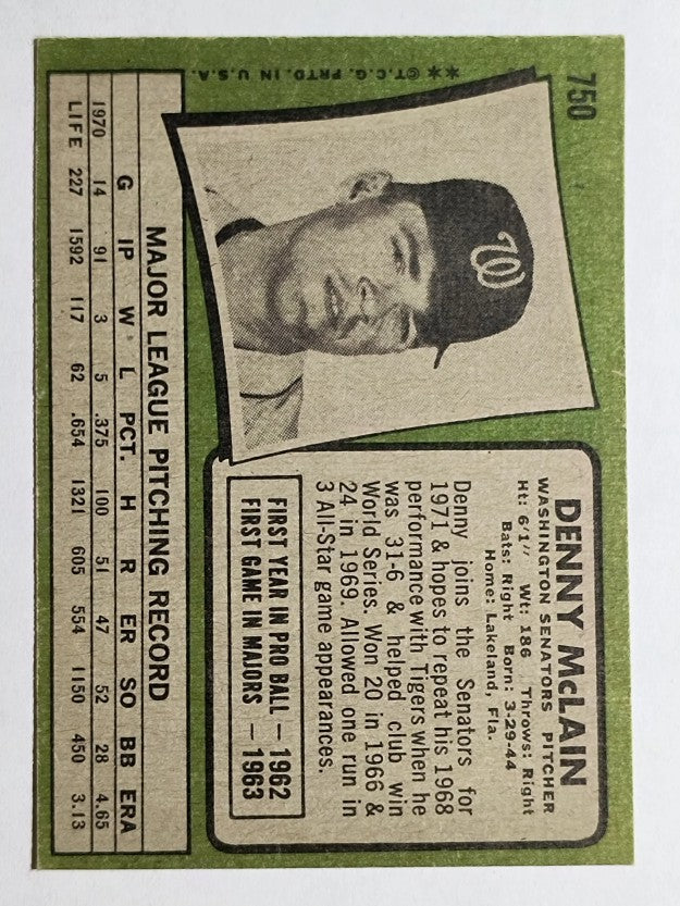 1971 Topps #750 Denny McLain SP (EXMT)
