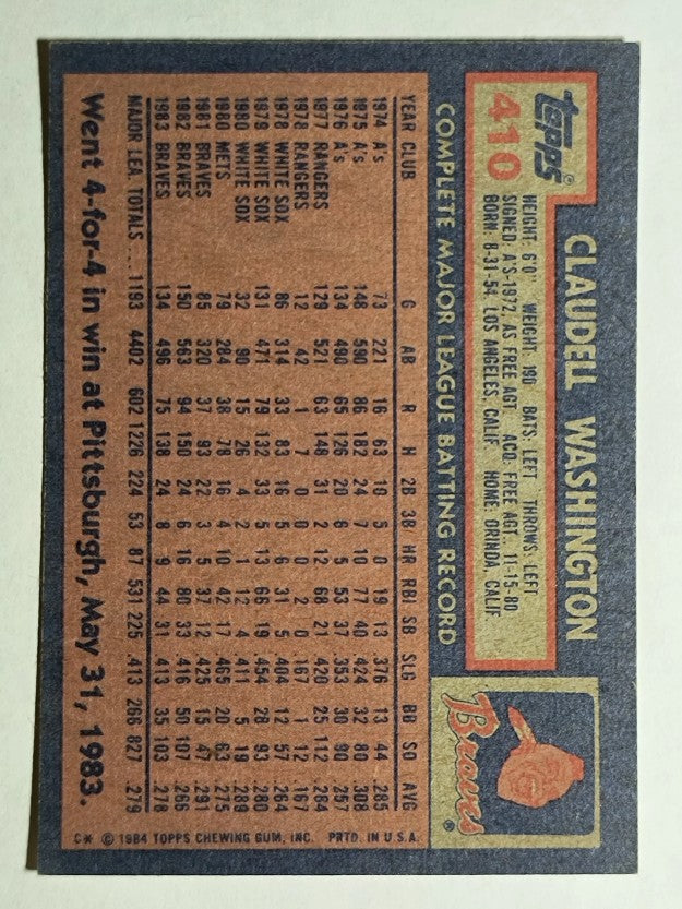1984 Topps #410 Claudell Washington
