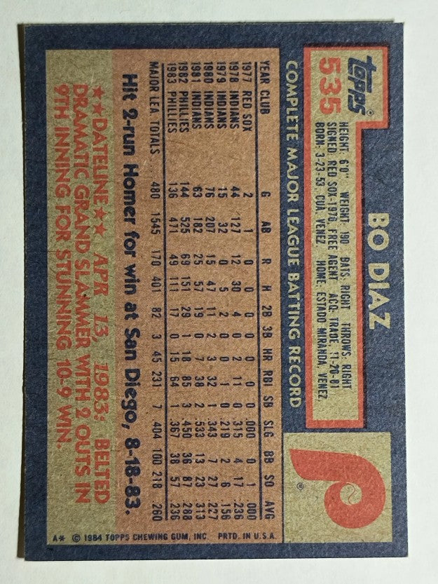 1984 Topps #535 Bo Diaz
