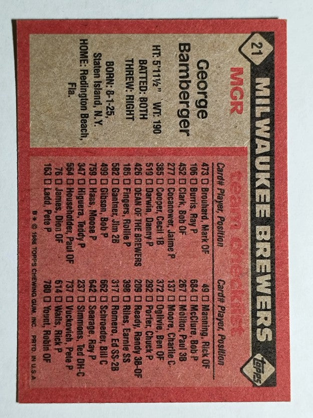 1986 Topps #21 George Bamberger MG