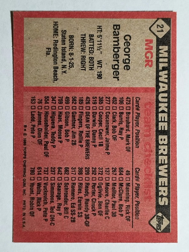 1986 Topps #21 George Bamberger MG
