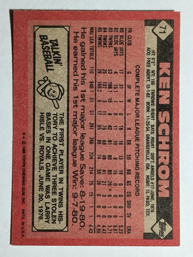1986 Topps #71 Ken Schrom