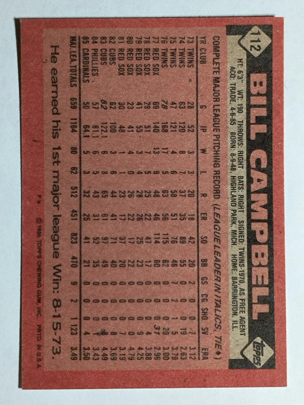 1986 Topps #112 Bill Campbell