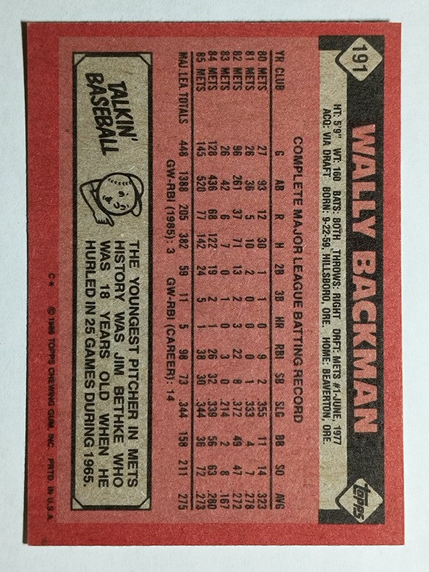 1986 Topps #191 Wally Backman