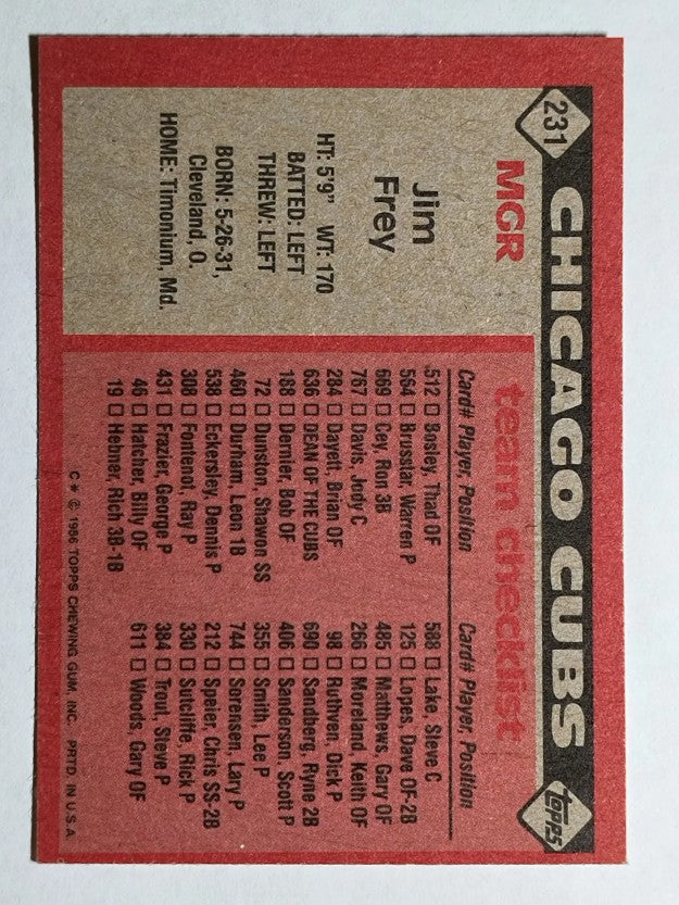 1986 Topps #231 Jim Frey MG