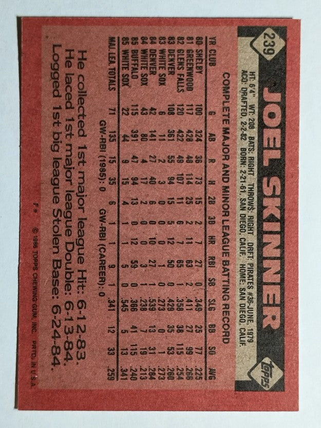 1986 Topps #239 Joel Skinner