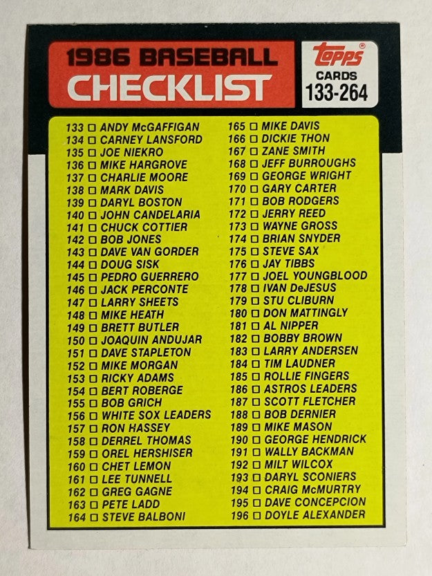 1986 Topps #263 Checklist: 133-264