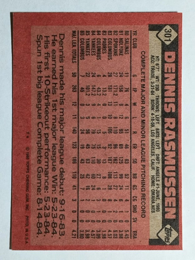 1986 Topps #301 Dennis Rasmussen