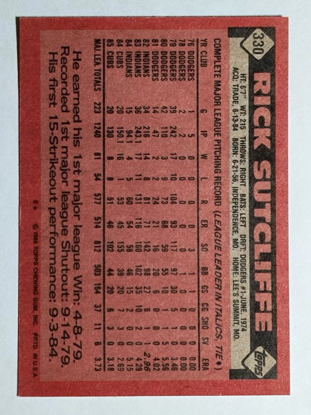 1986 Topps #330 Rick Sutcliffe