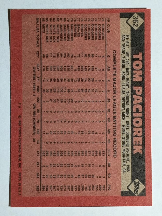1986 Topps #362 Tom Paciorek