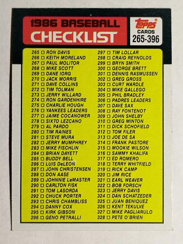 1986 Topps #394 Checklist: 265-396