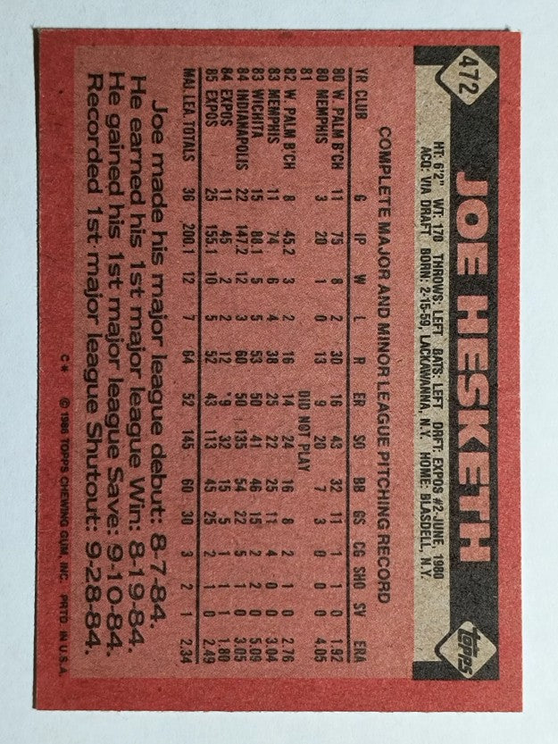 1986 Topps #472 Joe Hesketh