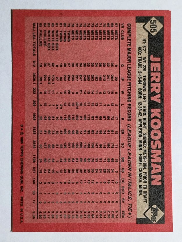 1986 Topps #505 Jerry Koosman