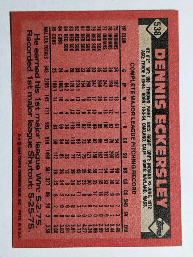 1986 Topps #538 Dennis Eckersley