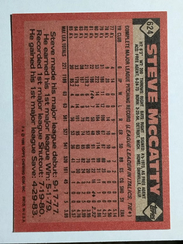 1986 Topps #624 Steve McCatty