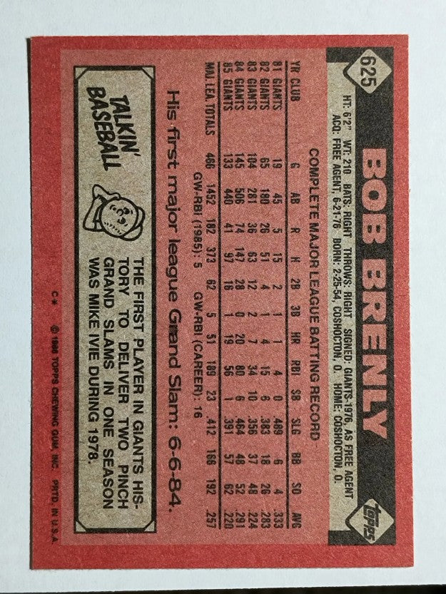 1986 Topps #625 Bob Brenly