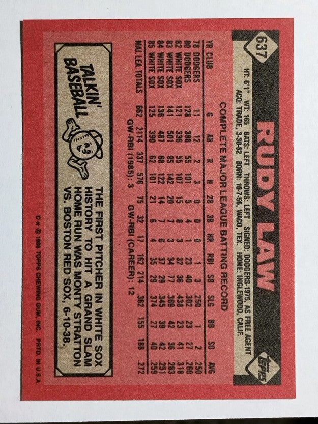 1986 Topps #637 Rudy Law