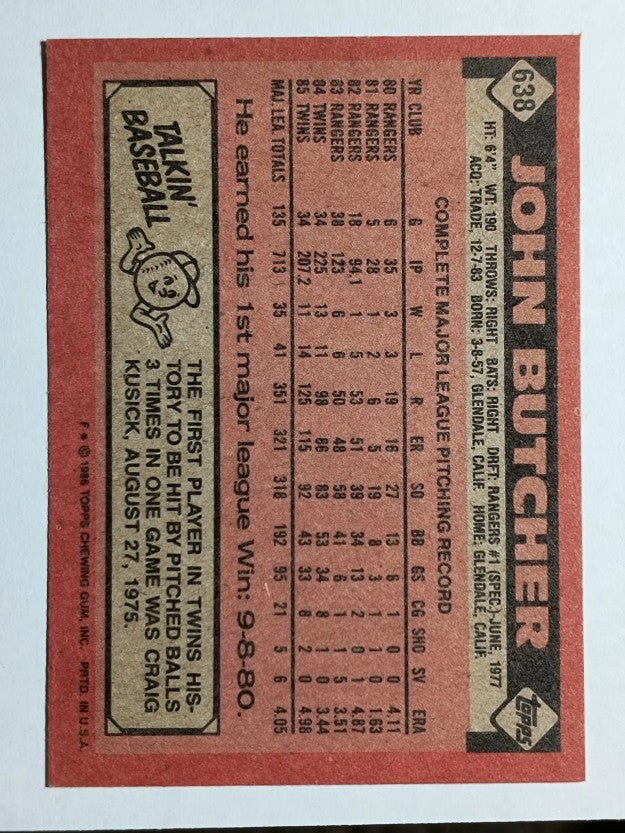 1986 Topps #638 John Butcher
