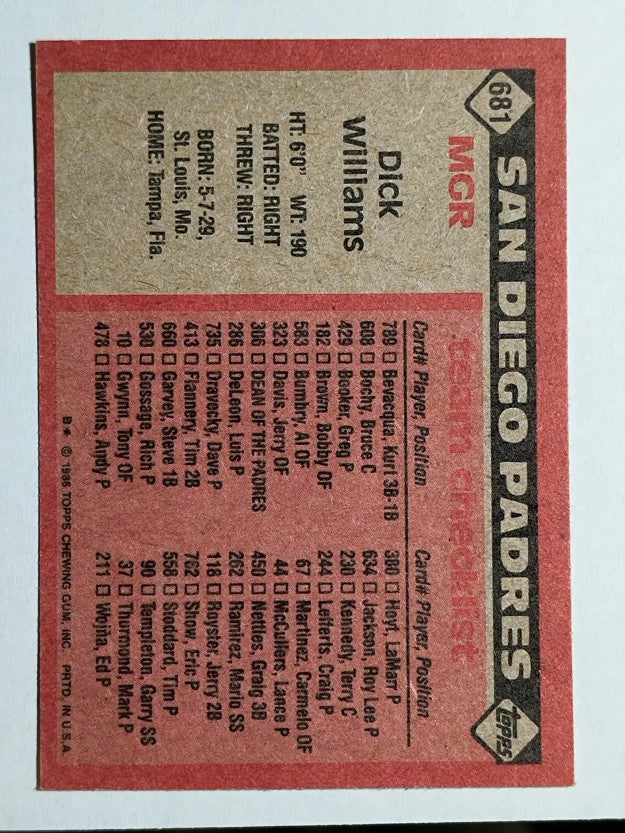1986 Topps #681 Dick Williams MG