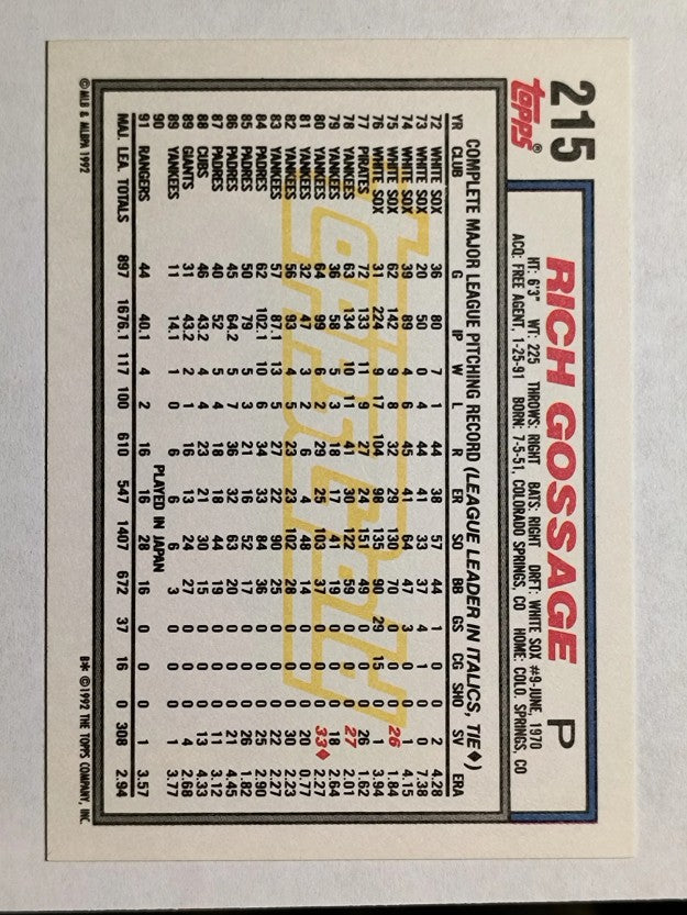 1992 Topps Gold Winners #215 Rich Gossage