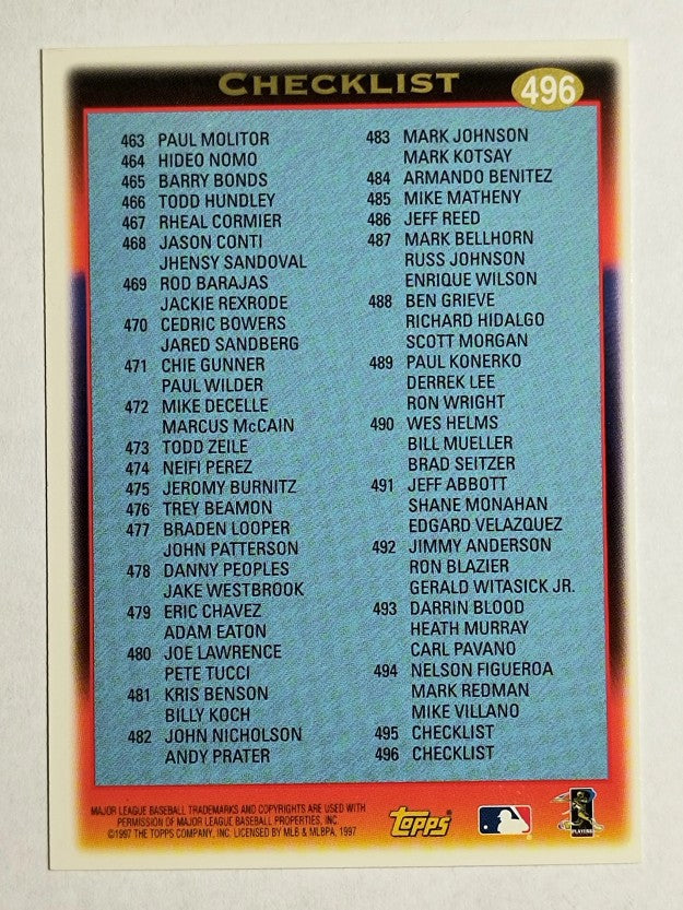 1997 Topps #496 Checklist 401-496